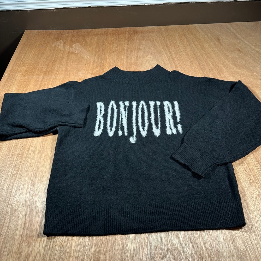 A New Day Sweater Women M Black Bonjour Graphic Mock Neck Pullover Knit